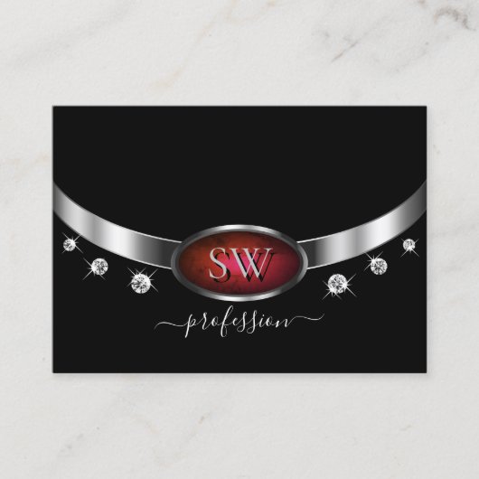 黒スタイリッシュ赤の大理石と銀とモノグラム 名刺 (正面)