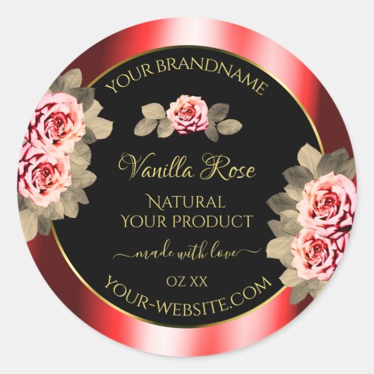 黒スタイリッシュ赤商品ラベルフローラかわいいバラ ラウンドシール (正面)
