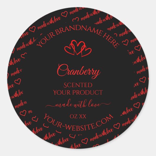 黒スタイリッシュ赤Wordクラウド製品ラベルハート ラウンドシール (正面)