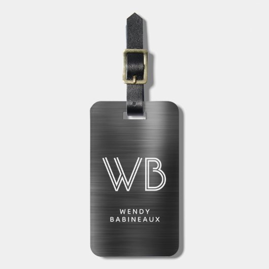 黒スタイリッシュ金エレガント属2モノグラムイニシャル ラゲッジタグ (正面縦)