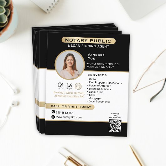 黒スタイリッシュ金ゴールド公証人フォトQRコードマーケティング チラシ