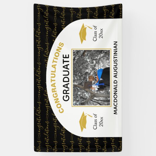 黒スタイリッシュ金ゴールド卒業写真 横断幕 (縦)