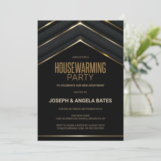 黒スタイリッシュ金ゴールド引っ越し祝いパーティーパーティー 招待状 (スタンド正面)