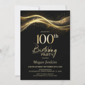 黒スタイリッシュ金ゴールド100th誕生日パーティー 招待状 (正面)
