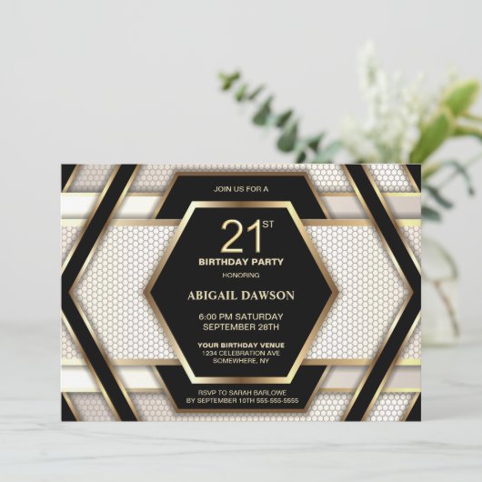 黒スタイリッシュ金ゴールド21歳の誕生日パーティー 招待状 (スタンド正面)