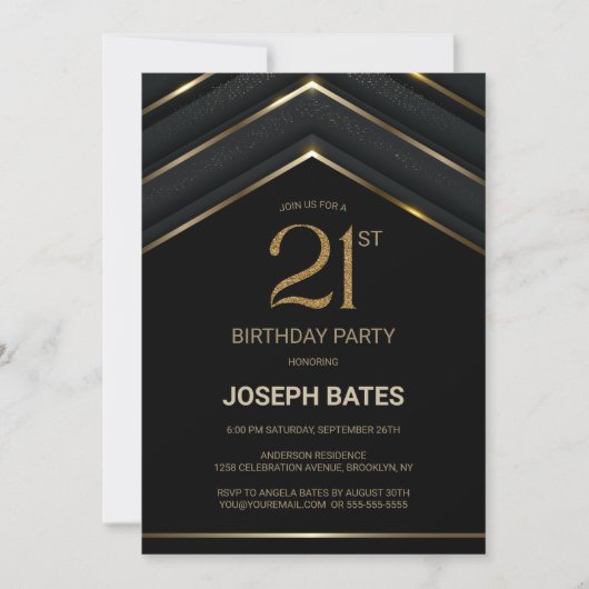 黒スタイリッシュ金ゴールド21歳の誕生日パーティー 招待状 (正面)