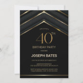 黒スタイリッシュ金ゴールド40歳の誕生日パーティー 招待状 (正面)