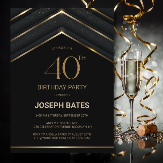 黒スタイリッシュ金ゴールド40歳の誕生日パーティー 招待状