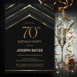 黒スタイリッシュ金ゴールド70th誕生日パーティー 招待状<br><div class="desc">黒とスタイリッシュ金ゴールドの幾何学的な70th誕生日パーティーの招待。</div>