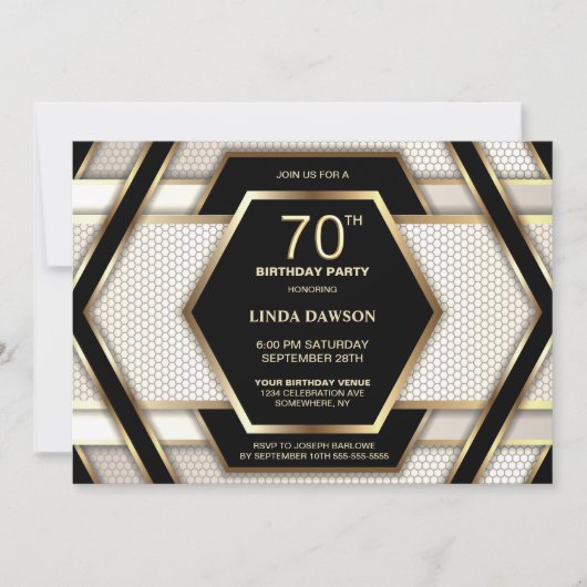 黒スタイリッシュ金ゴールド70th誕生日パーティー 招待状 (正面)