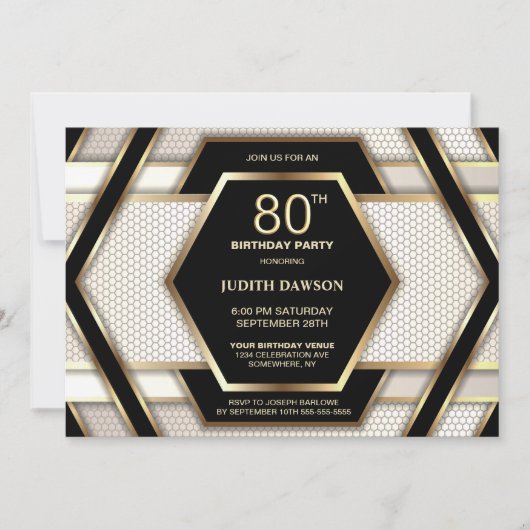 黒スタイリッシュ金ゴールド80th誕生日パーティー 招待状 (正面)