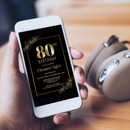 黒スタイリッシュ金ゴールド80th誕生日パーティー 招待状