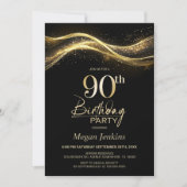 黒スタイリッシュ金ゴールド90th誕生日パーティー 招待状 (正面)