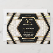 黒スタイリッシュ金ゴールド90th誕生日パーティー 招待状 (正面)
