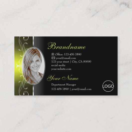 黒スタイリッシュ黄の四角い宝石のロゴ&写真 名刺 (裏面)