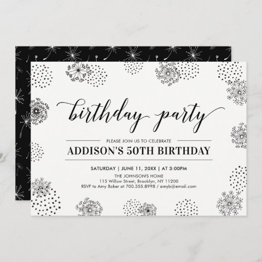 黒スタイリッシュ50モダンth大人の誕生日パーティー 招待状 (正面/裏面)
