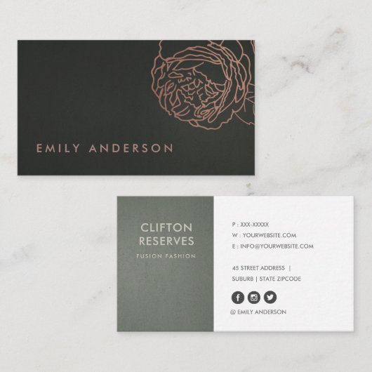 黒スチフェイクールグレー赤面ピンクローズ金ゴールドフローラ 名刺 (正面/裏面)