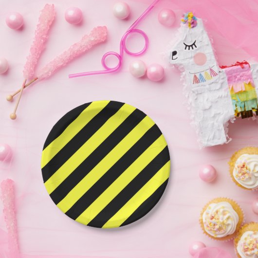 黒ストライプと黄 ペーパープレート (パーティー)