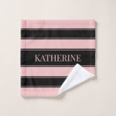 黒ストライプのとピンクの名前をカスタムする バスタオルセット (ウォッシュタオル)