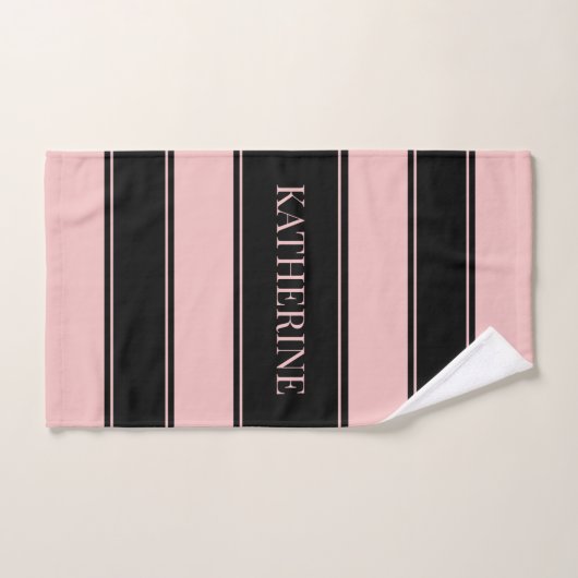 黒ストライプのとピンクの名前をカスタムする バスタオルセット (ハンドタオル)