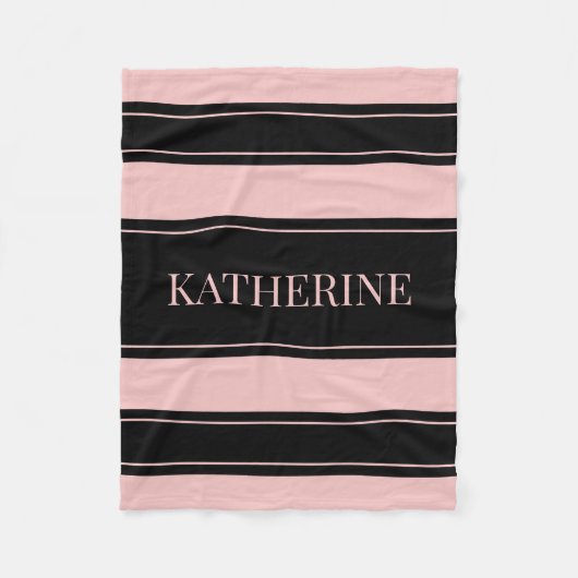 黒ストライプのとピンクの名前をカスタムする フリースブランケット (正面)