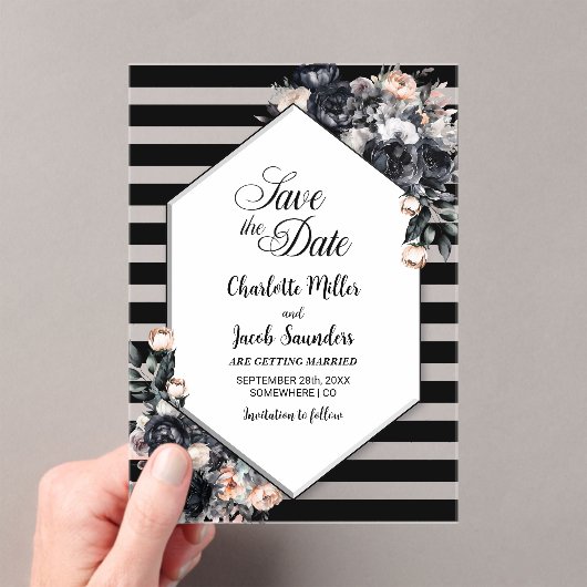 黒ストライプのフローラアクリル日付保存 アクリル招待状 (インサイチュ (ポータブル))