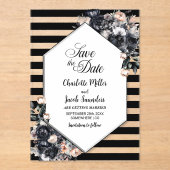 黒ストライプのフローラアクリル日付保存 アクリル招待状 (正面)