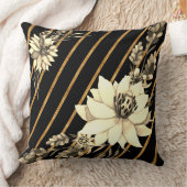 黒ストライプの金ゴールドと白いバラ クッション (ブランケット)