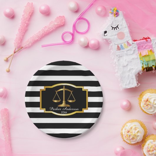 黒ストライプの金ゴールド法はかりで測卒業党 ペーパープレート (パーティー)