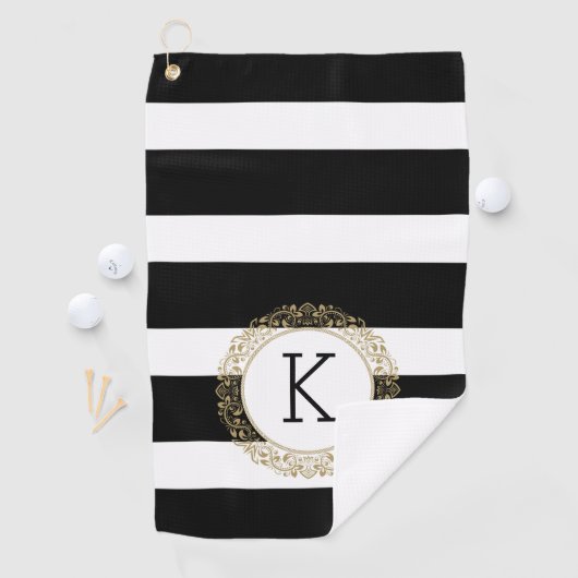 黒ストライプフローラ金ゴールド円 ゴルフタオル (インサイチュ)