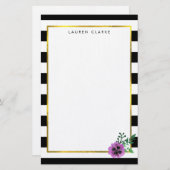 黒ストライプ紫パンジーパーソナライズされた文具 便箋 (正面/裏面)