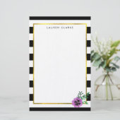 黒ストライプ紫パンジーパーソナライズされた文具 便箋 (スタンド正面)