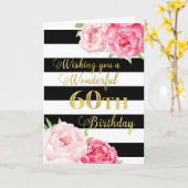 黒ストライプ色とピンクの花ハッピー60誕生日 カード (黄色い花)