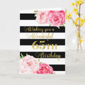 黒ストライプ色とピンクの花ハッピー65誕生日 カード (黄色い花)