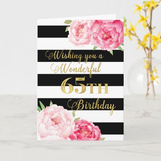 黒ストライプ色とピンクの花ハッピー65誕生日 カード (黄色い花)