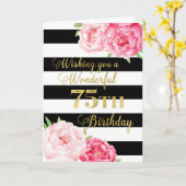 黒ストライプ色とピンクの花ハッピー75誕生日 カード (黄色い花)