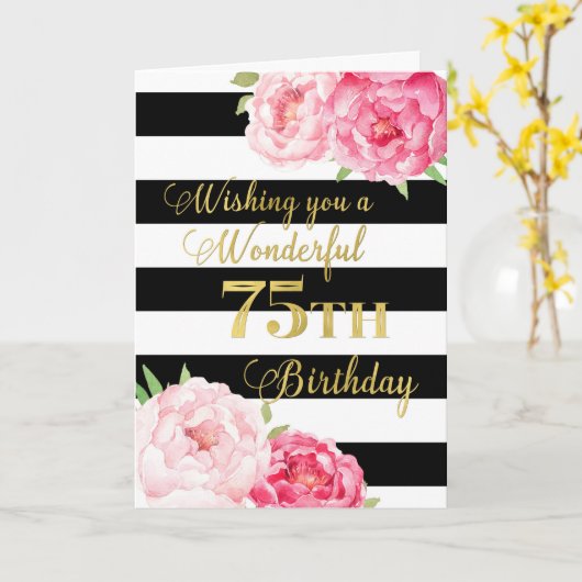 黒ストライプ色とピンクの花ハッピー75誕生日 カード (黄色い花)