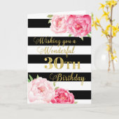 黒ストライプ色とピンク色の花ハッピー30歳の誕生日 カード (黄色い花)
