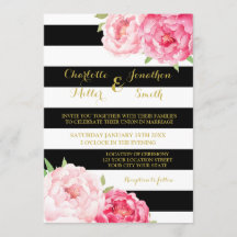 黒ストライプ色の花結婚式招待状