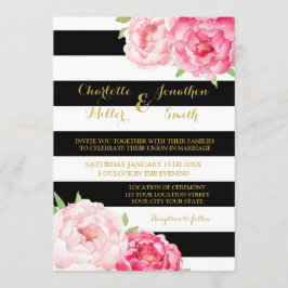 黒ストライプ色の花結婚式招待状 招待状