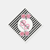 黒ストライプ色ピンクの花の名前80歳の誕生日 スタンダードカクテルナプキン (角)