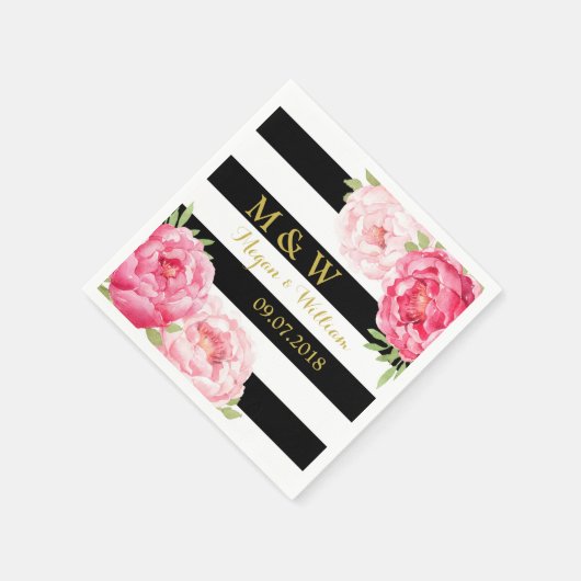 黒ストライプ色ピンクウォーター結婚カラーズモノグラム スタンダードカクテルナプキン (角)