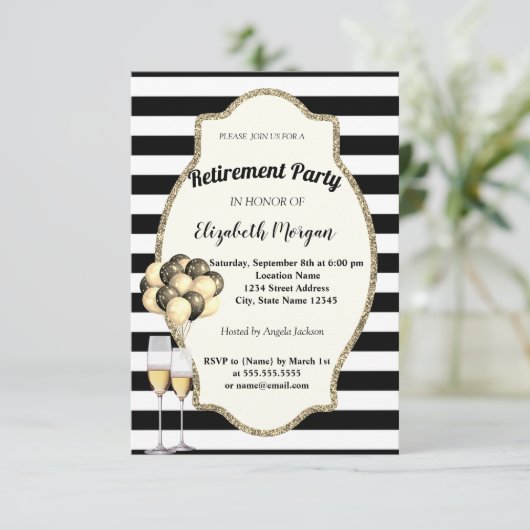 黒ストライプ色ワイングラス、風船、退職パーティー 招待状 (スタンド正面)