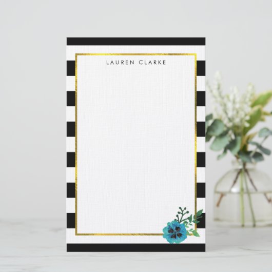 黒ストライプ色花文具パーソナライズされた具 便箋 (スタンド正面)