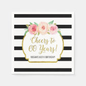 黒ストライプ花応援60年誕生日 スタンダードカクテルナプキン (正面)