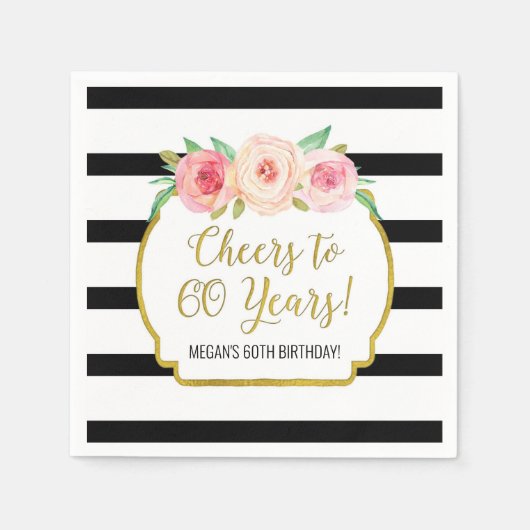 黒ストライプ花応援60年誕生日 スタンダードカクテルナプキン (正面)
