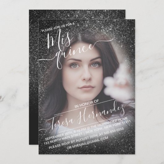 黒スパークエレガントリーグリッター写真キンセアニラ 招待状 (正面/裏面)