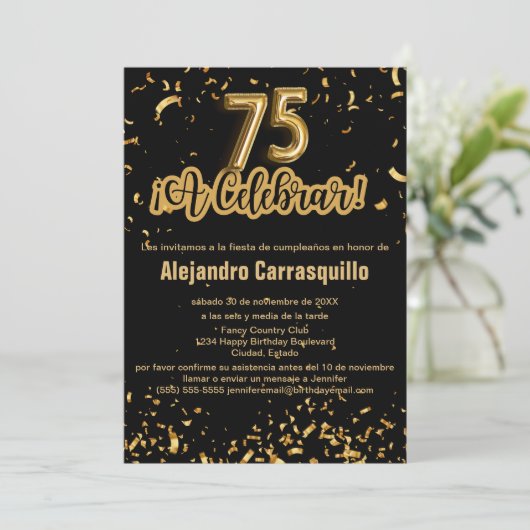 黒スペインのファンシー&金ゴールド紙吹雪75誕生日 招待状 (スタンド正面)