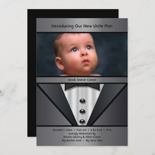 黒タキシード少年の写真誕生のお知らせ 案内状 (正面/裏面)