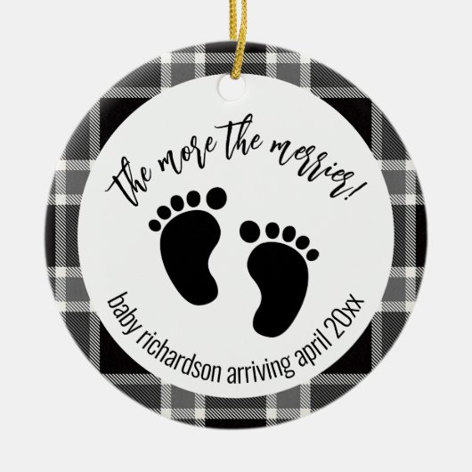 黒タータンチェッククリスマス妊娠発表 セラミックオーナメント (正面)